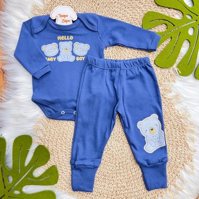  Kit 6 Peças - Hello Baby Boy - Azul Jeans, Mescla e Mostarda